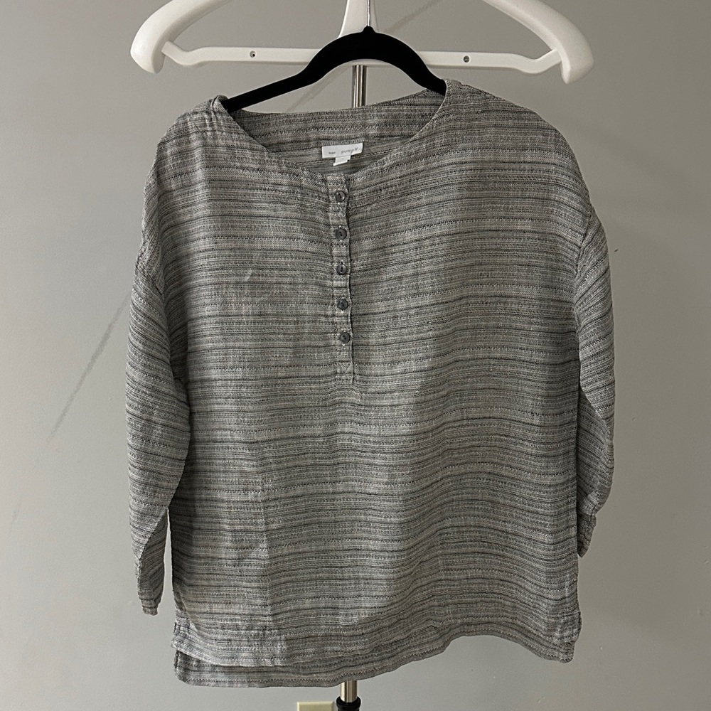 PureJill Gray Striped Blouse Women’s Size Small Linen
